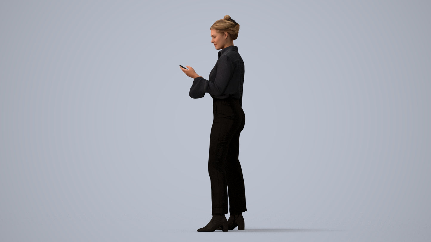 realistic 3D woman business standing, scanned archviz people for Blender and 3ds Max, three-quarter view render