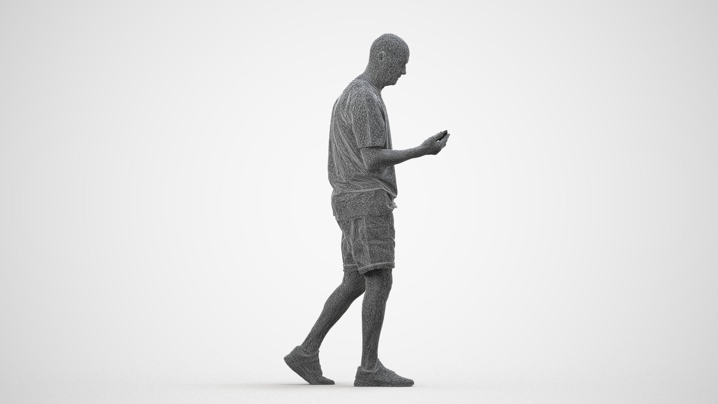 scanned 3D senior man casual walking, photogrammetry people for Enscape and V-Ray, wireframe side view