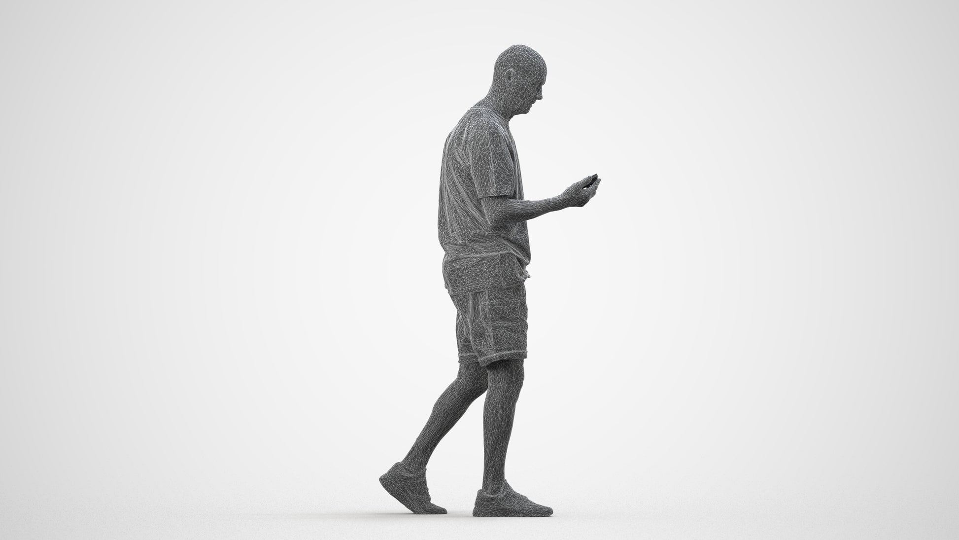 scanned 3D senior man casual walking, photogrammetry people for Enscape and V-Ray, wireframe side view