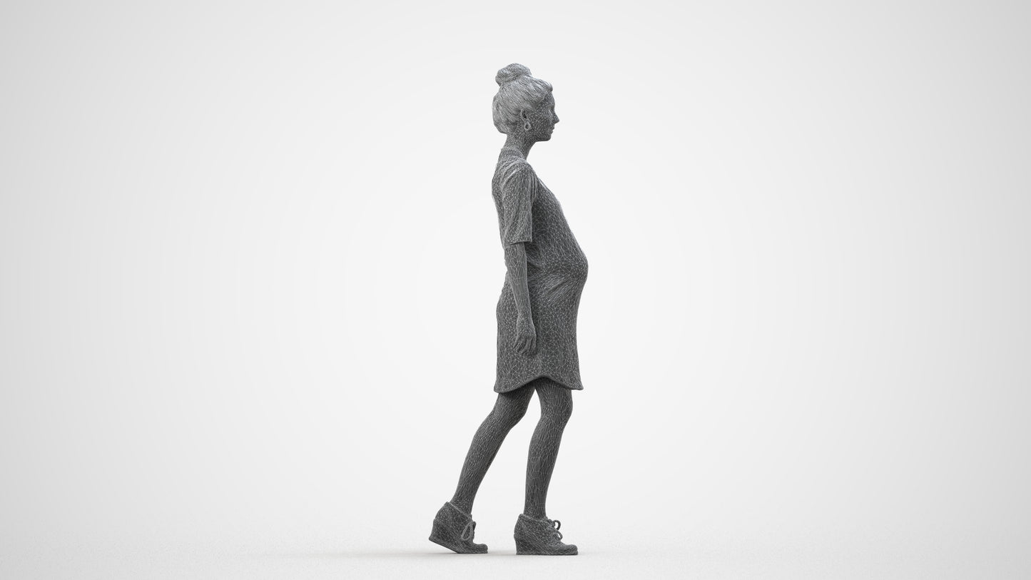 3D scanned woman walking casual, photorealistic archviz people for Enscape and SketchUp, wireframe side view