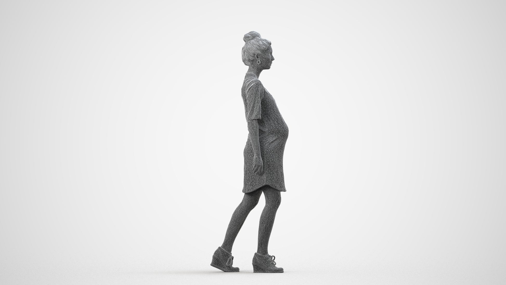 3D scanned woman walking casual, photorealistic archviz people for Enscape and SketchUp, wireframe side view
