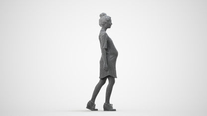 3D scanned woman walking casual, photorealistic archviz people for Enscape and SketchUp, wireframe side view