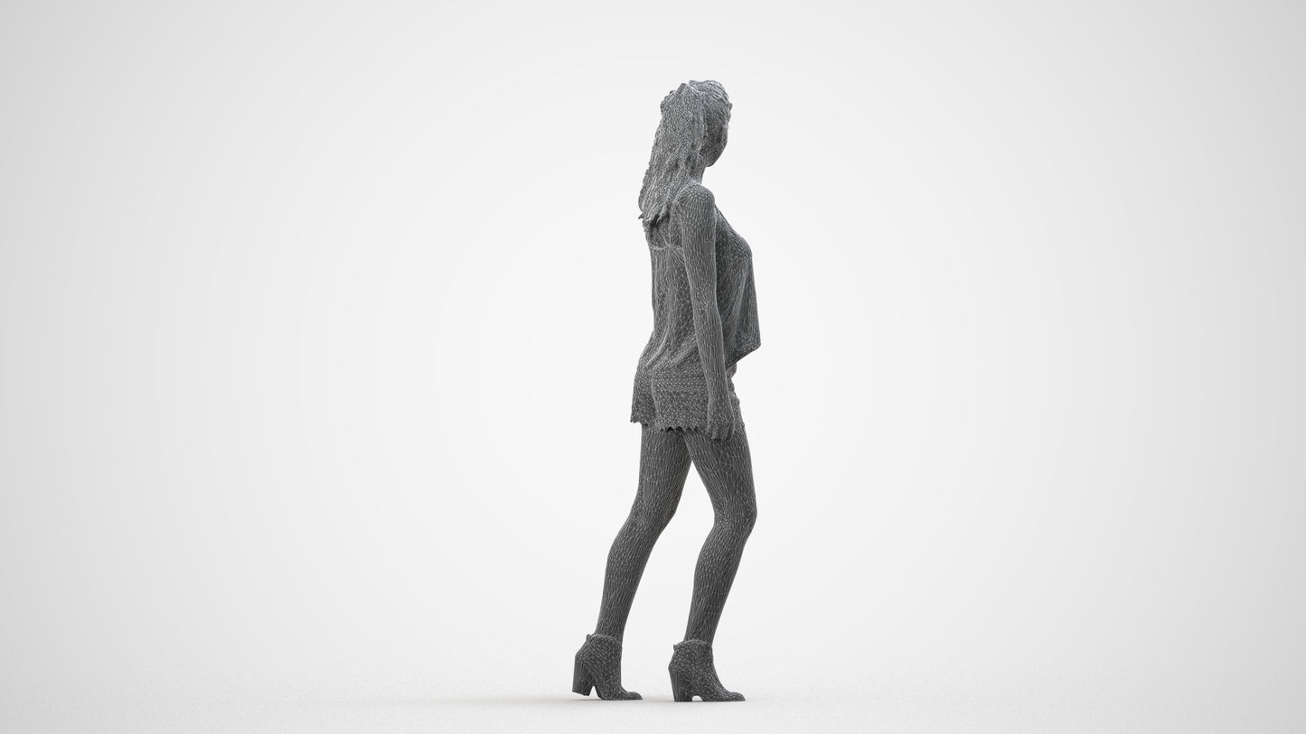 scanned 3D girl casual walking, photogrammetry people for Enscape and V-Ray, wireframe side view