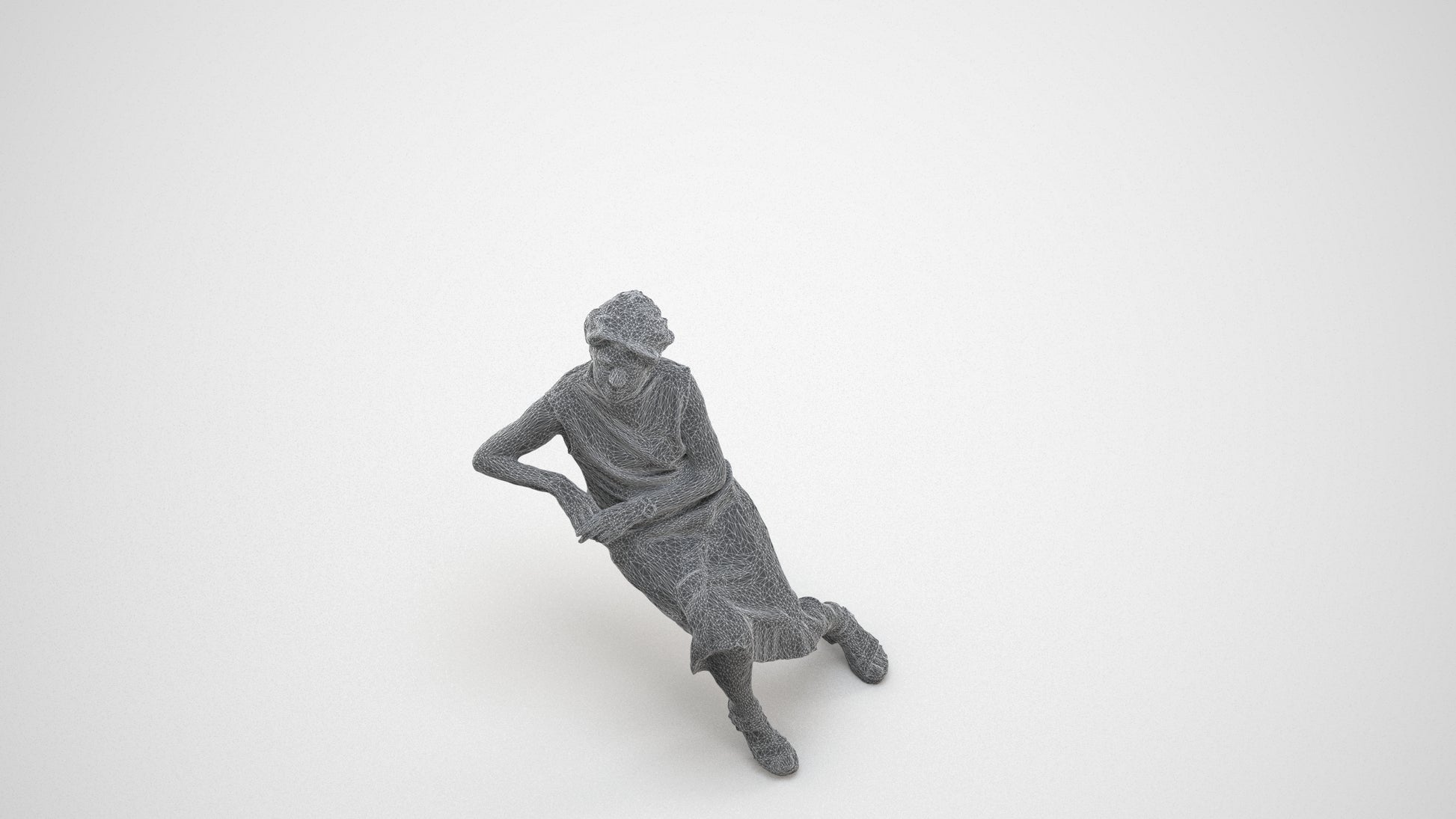 3D scanned woman sitting casual, photorealistic archviz people for Enscape and SketchUp, wireframe three-quarter view