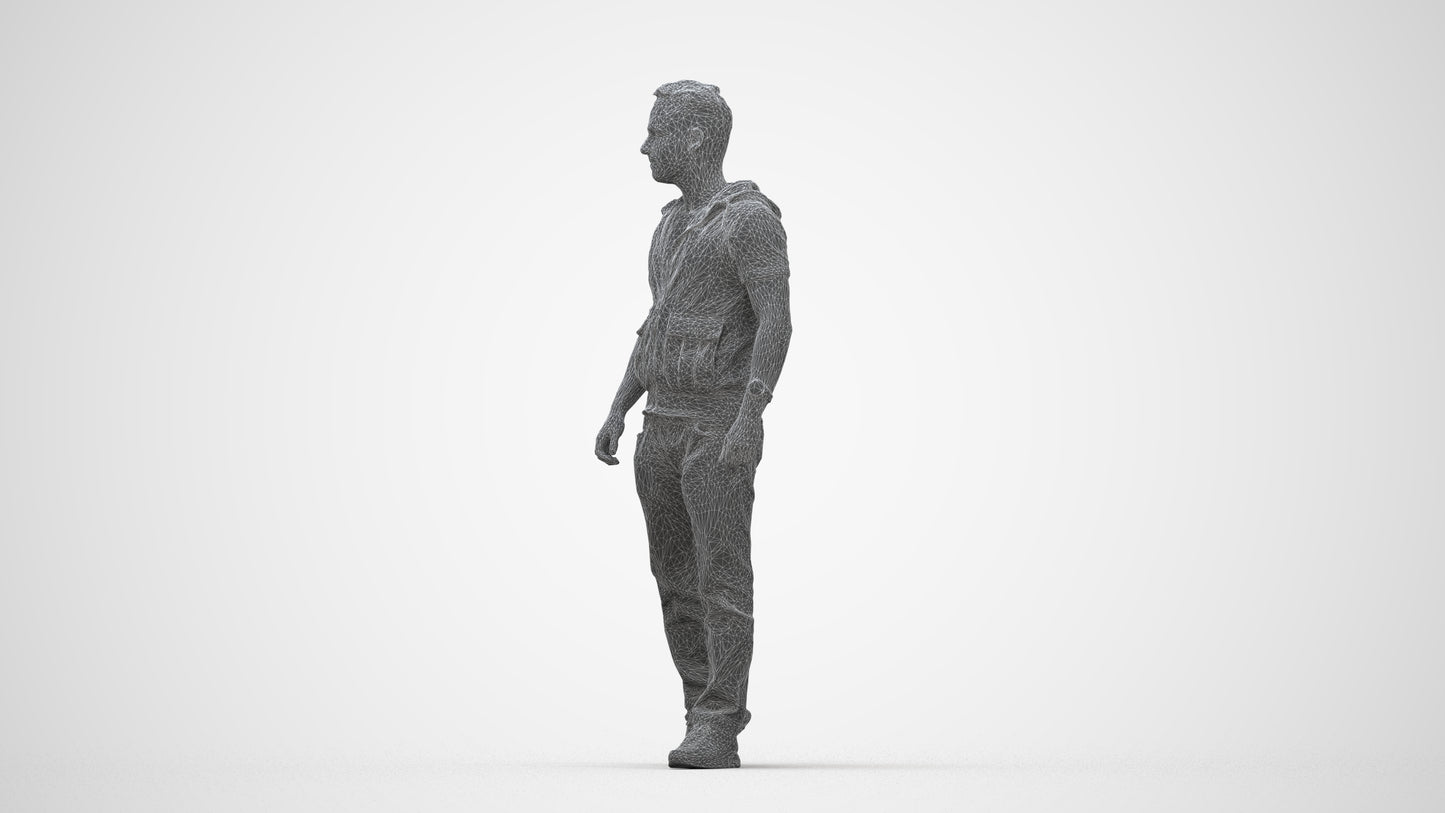 3D human model man casual walking, photogrammetry scanned person for archviz, wireframe back view