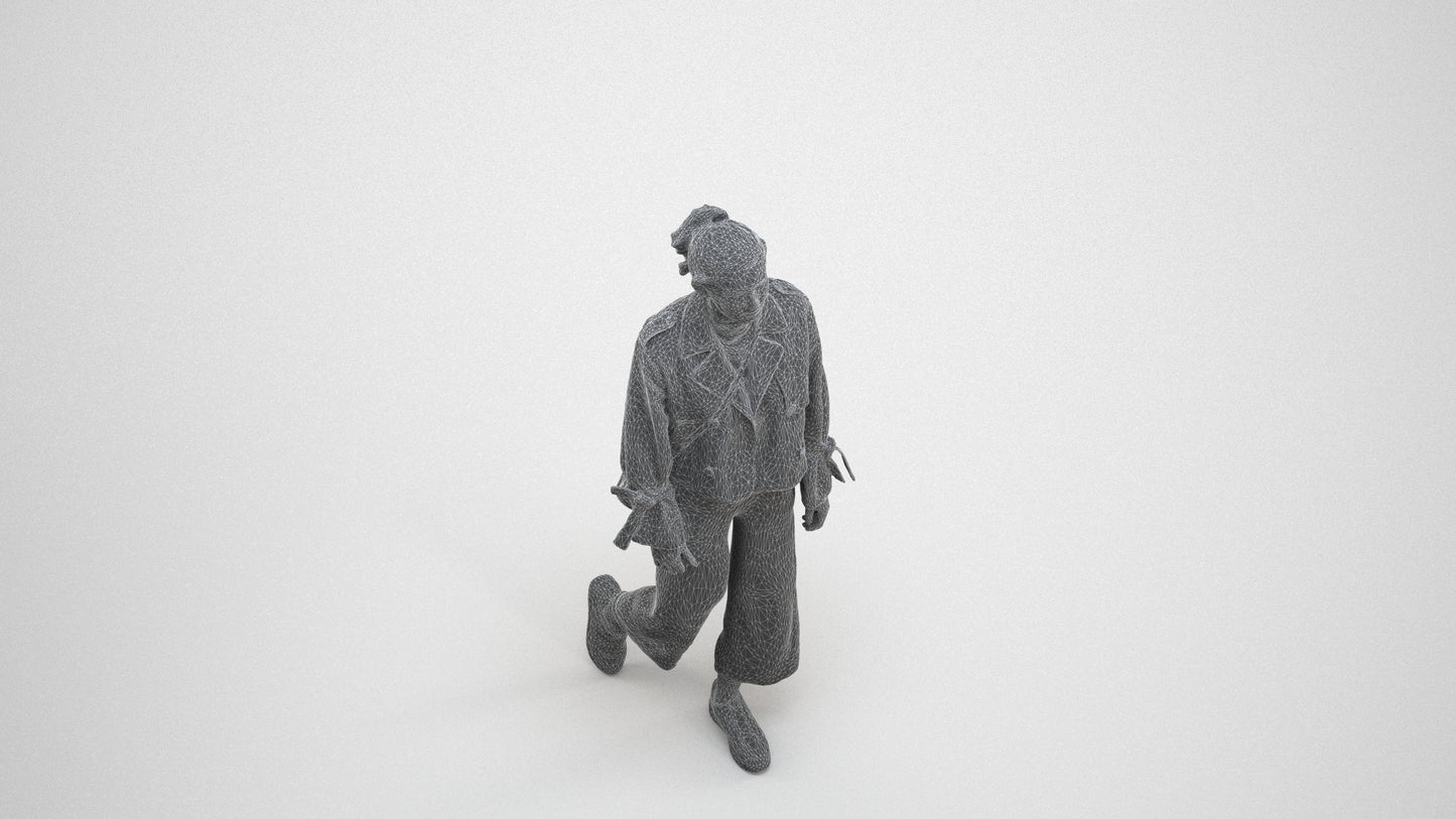 3D human model woman casual walking, photogrammetry scanned person for archviz, wireframe three-quarter view