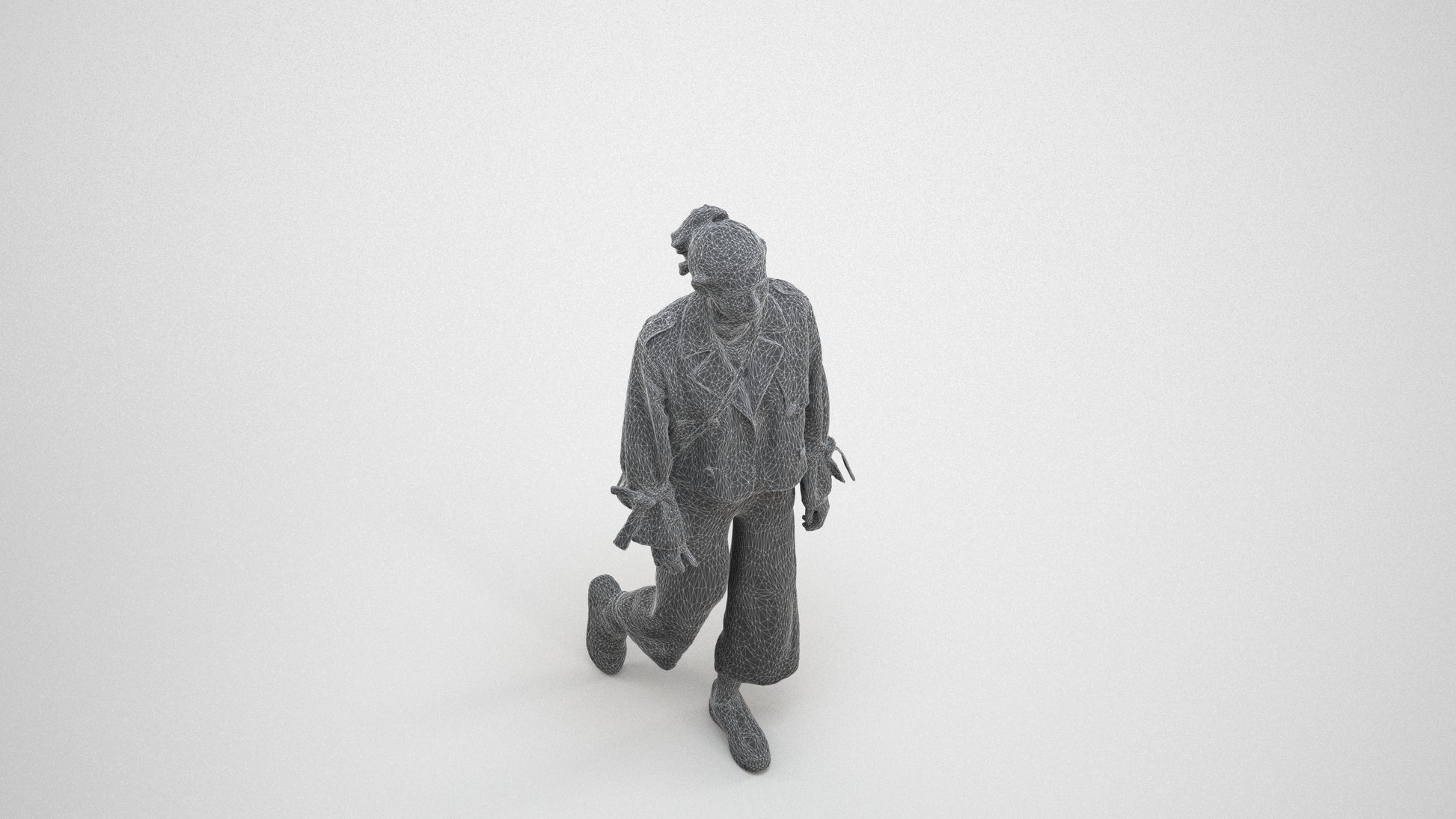 3D human model woman casual walking, photogrammetry scanned person for archviz, wireframe three-quarter view