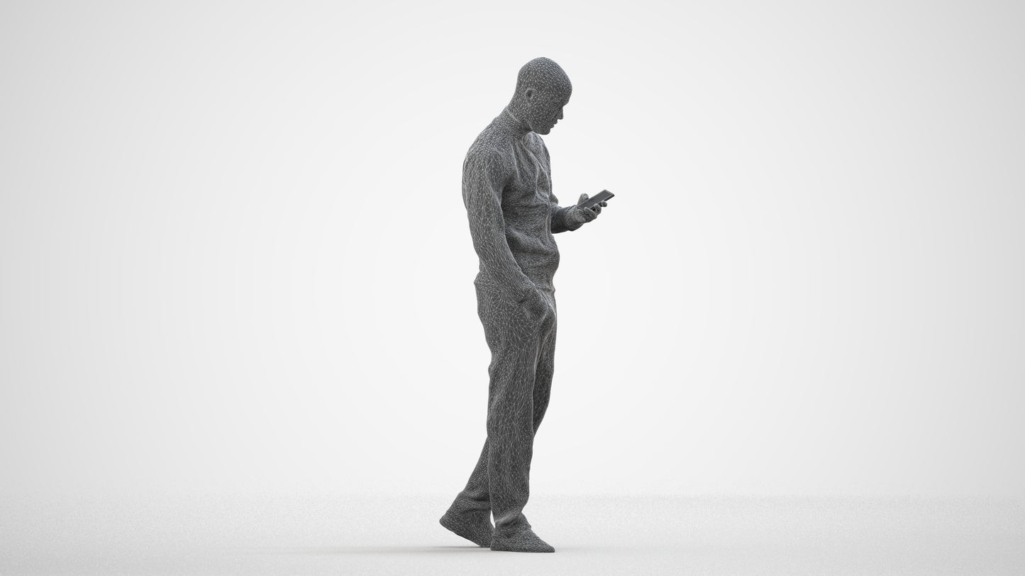 3D people model man walking, scanned human for 3ds Max rendering, wireframe side view