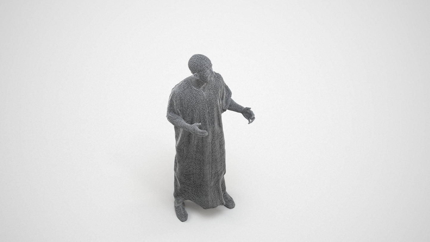 realistic 3D human man standing, archviz people FBX OBJ for Blender, wireframe three-quarter view