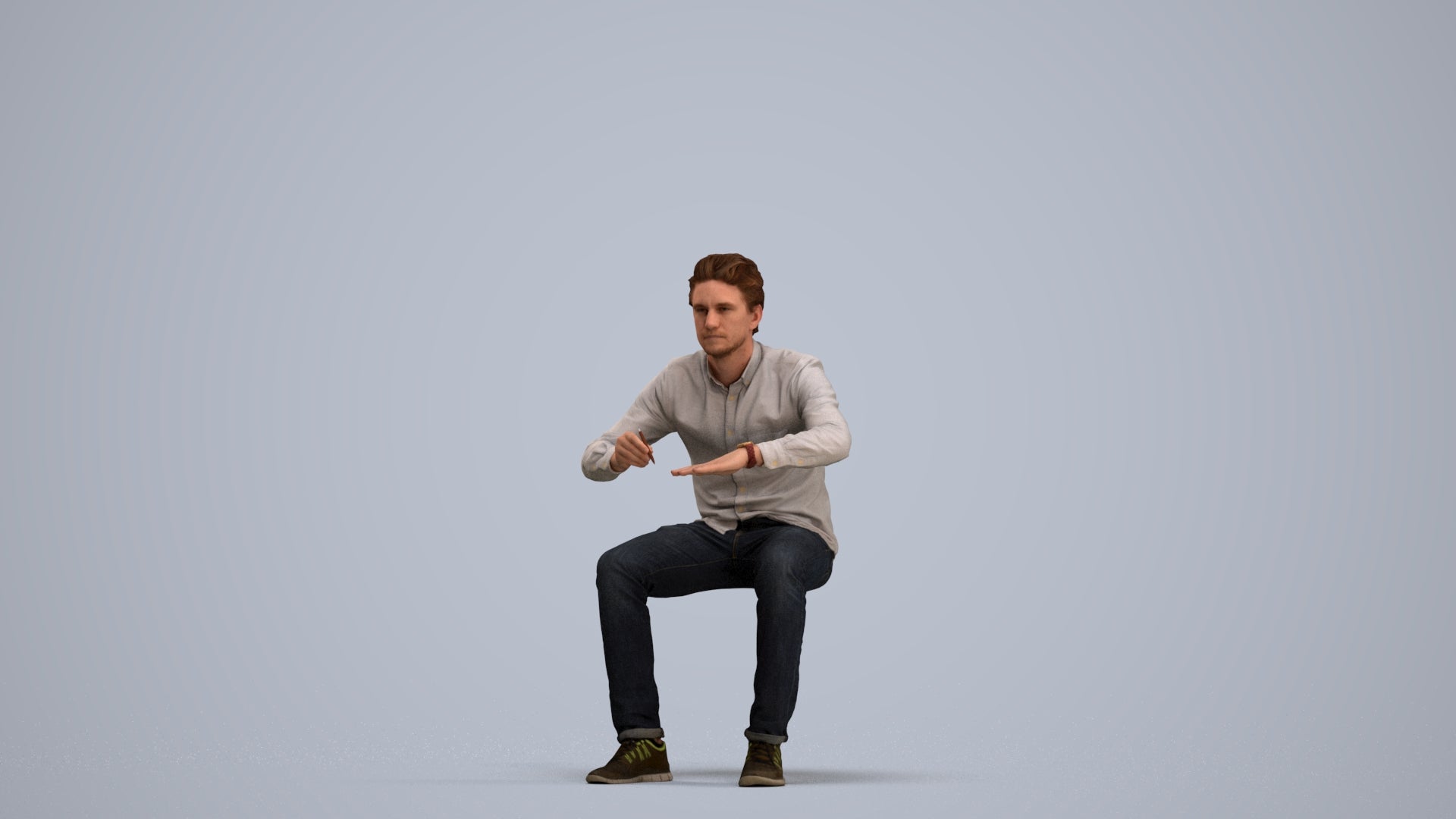 3D people model man casual sitting, scanned human for 3ds Max rendering, standing pose render