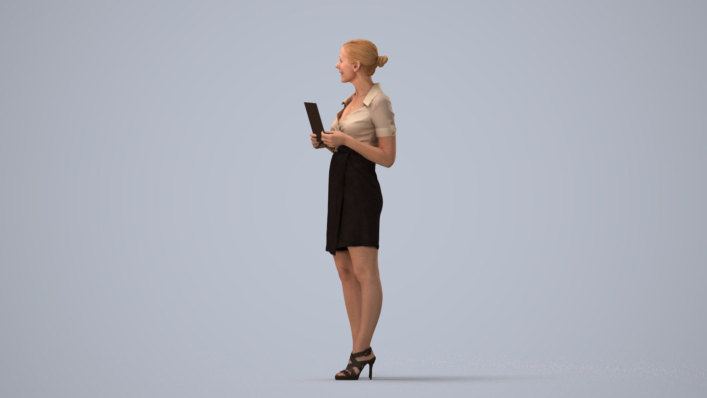 3D people model woman business standing, scanned human for 3ds Max rendering, three-quarter view render