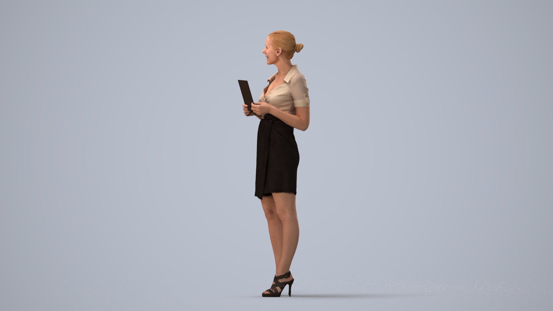 3D people model woman business standing, scanned human for 3ds Max rendering, three-quarter view render