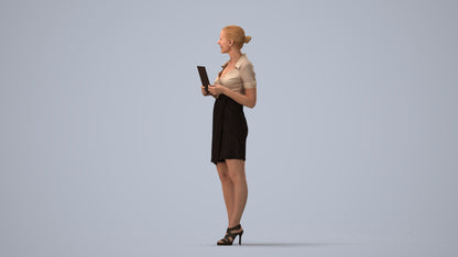 3D people model woman business standing, scanned human for 3ds Max rendering, three-quarter view render