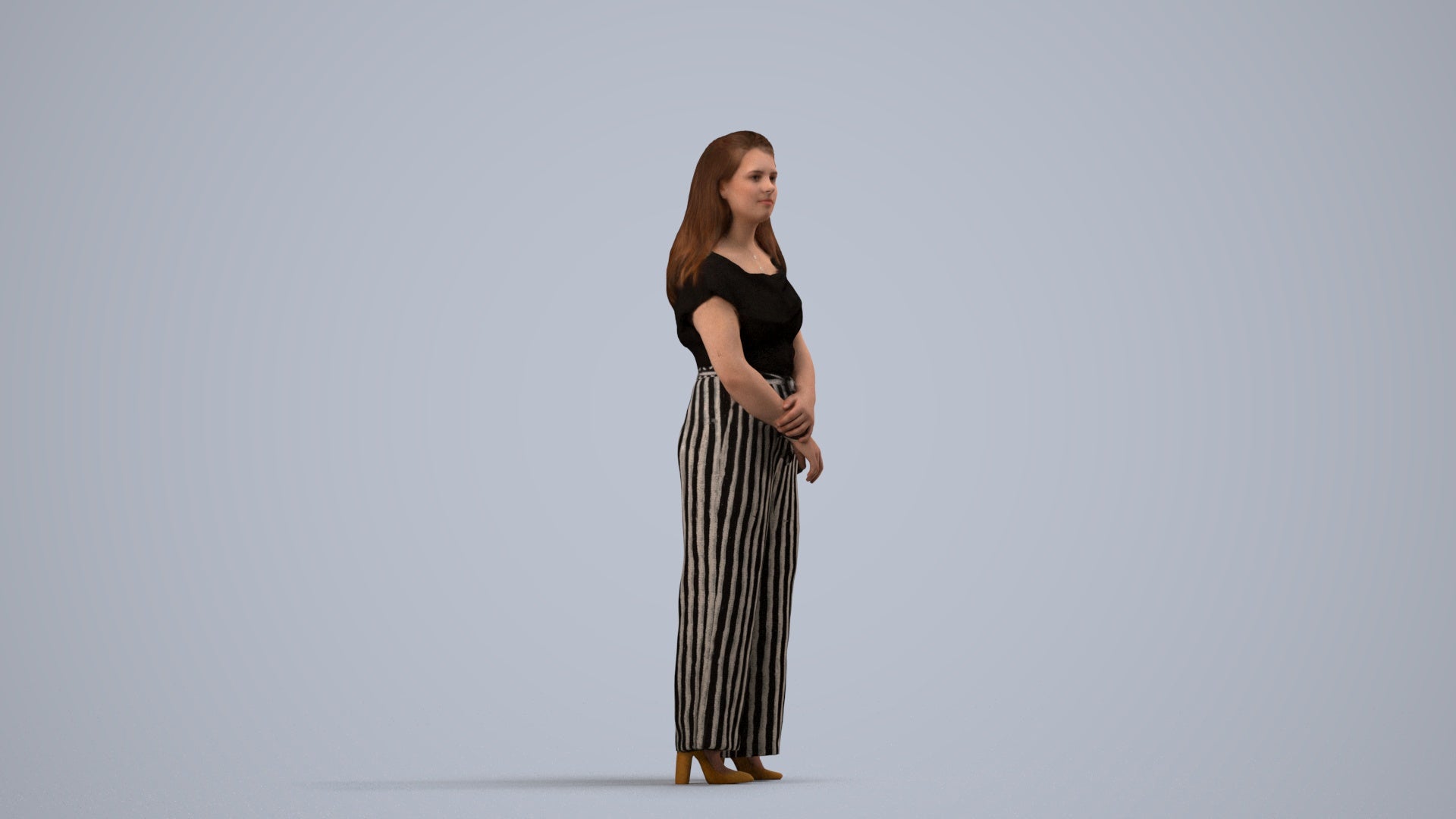 realistic 3D people woman casual standing, render-ready for V-Ray and Corona, FBX OBJ, side view render