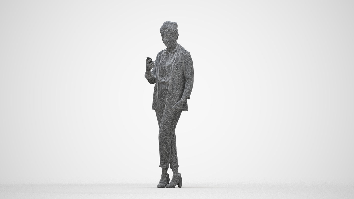 3D human model woman business, photogrammetry scanned person for archviz, wireframe back view