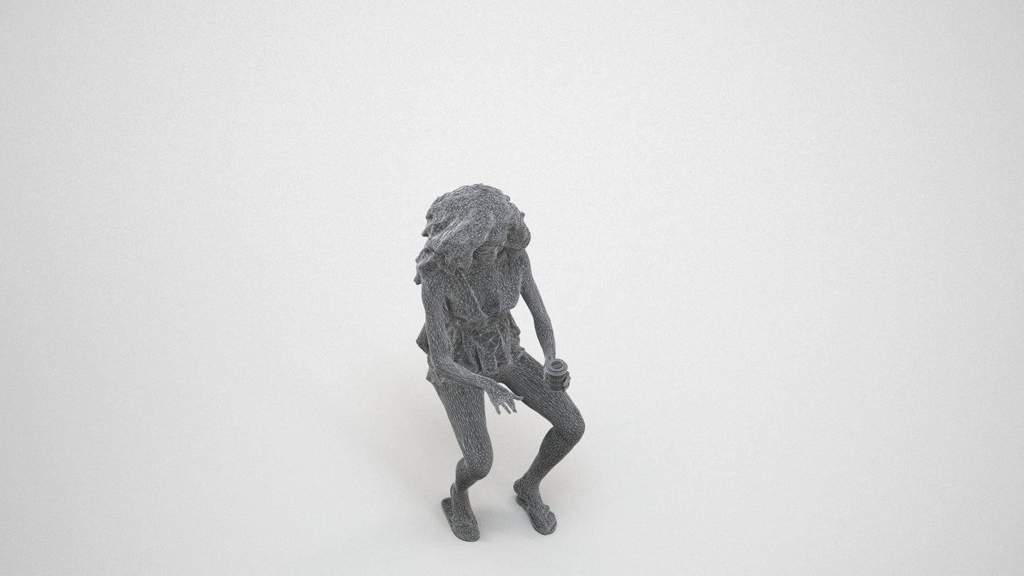 3D human model woman casual sitting, photogrammetry scanned person for archviz, wireframe three-quarter view