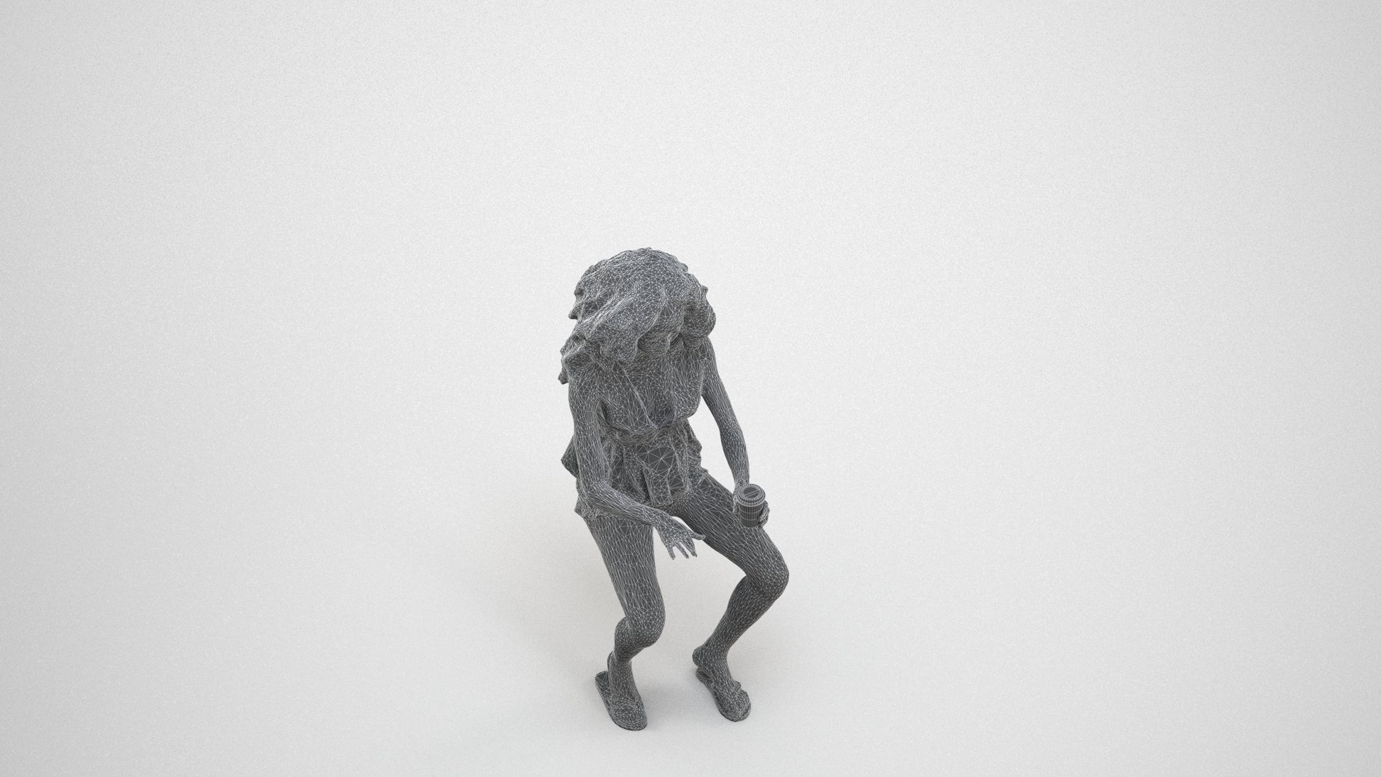 3D human model woman casual sitting, photogrammetry scanned person for archviz, wireframe three-quarter view