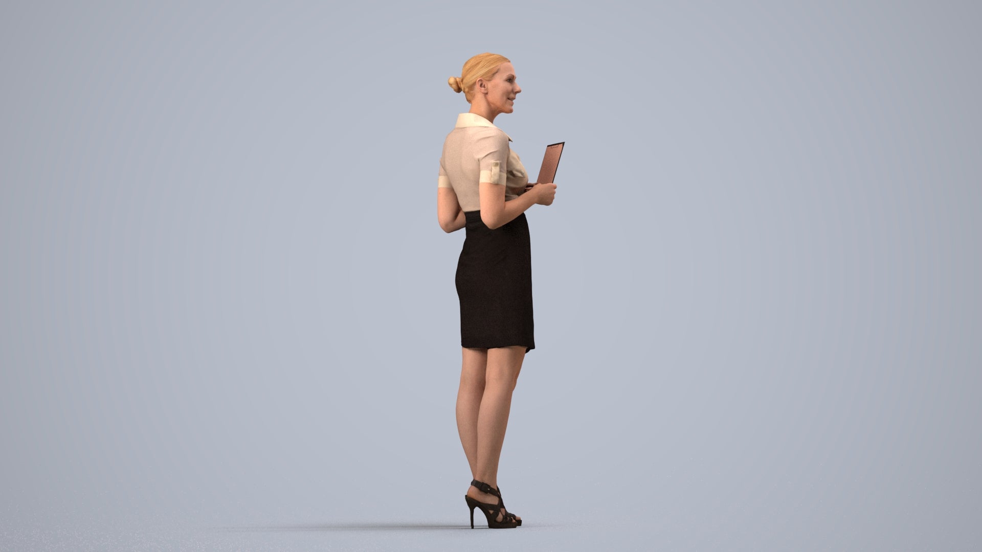 3D people model woman business standing, scanned human for 3ds Max rendering, side view render