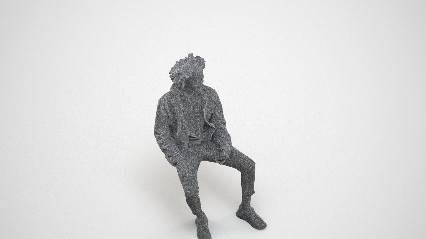 3D people model man casual sitting, scanned human for 3ds Max rendering, wireframe three-quarter view