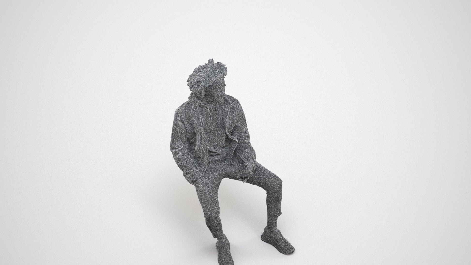 3D people model man casual sitting, scanned human for 3ds Max rendering, wireframe three-quarter view