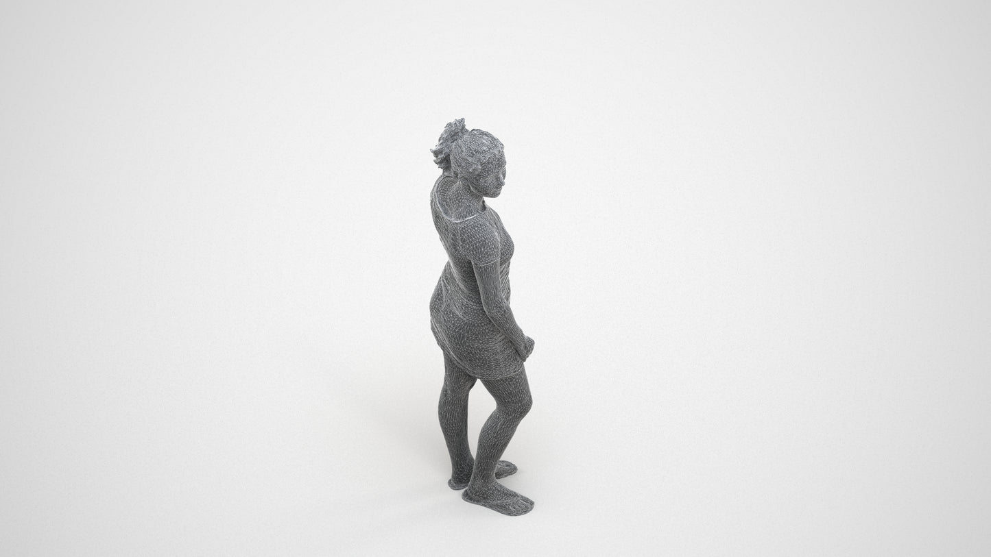 realistic 3D people woman casual standing, render-ready for V-Ray and Corona, FBX OBJ, wireframe three-quarter view