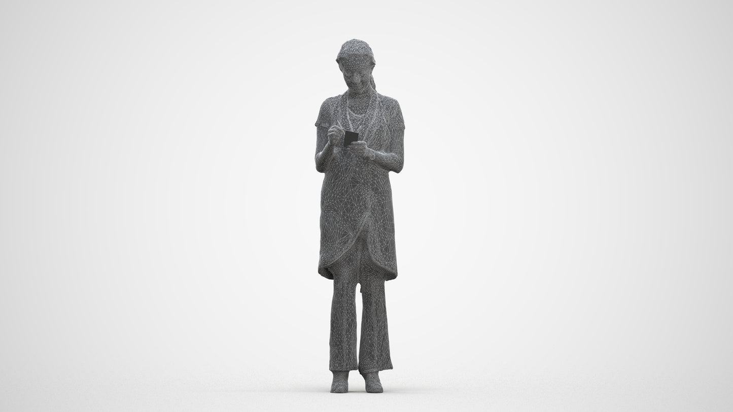 3D human model woman hospitality, photogrammetry scanned person for archviz, three-quarter front view render