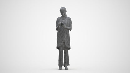 3D human model woman hospitality, photogrammetry scanned person for archviz, three-quarter front view render