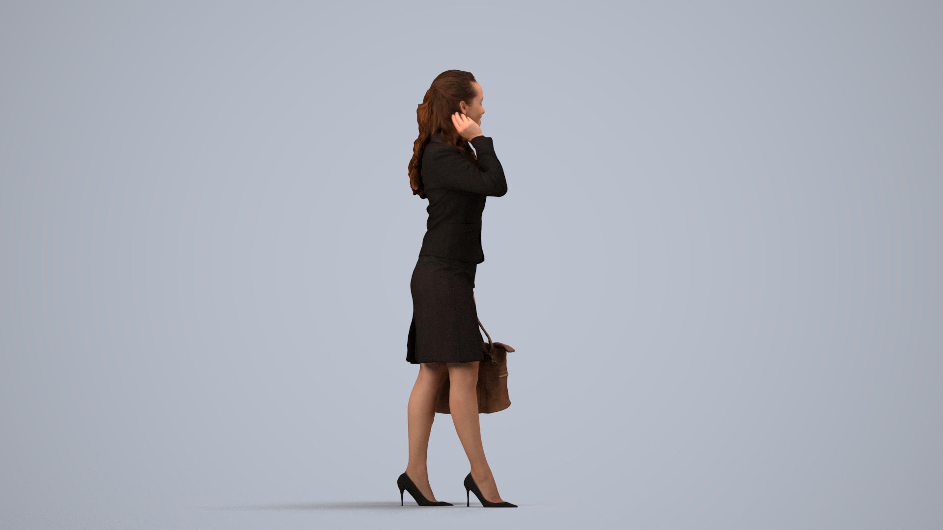 3D scanned woman standing business, photorealistic archviz people for Enscape and SketchUp, side view render