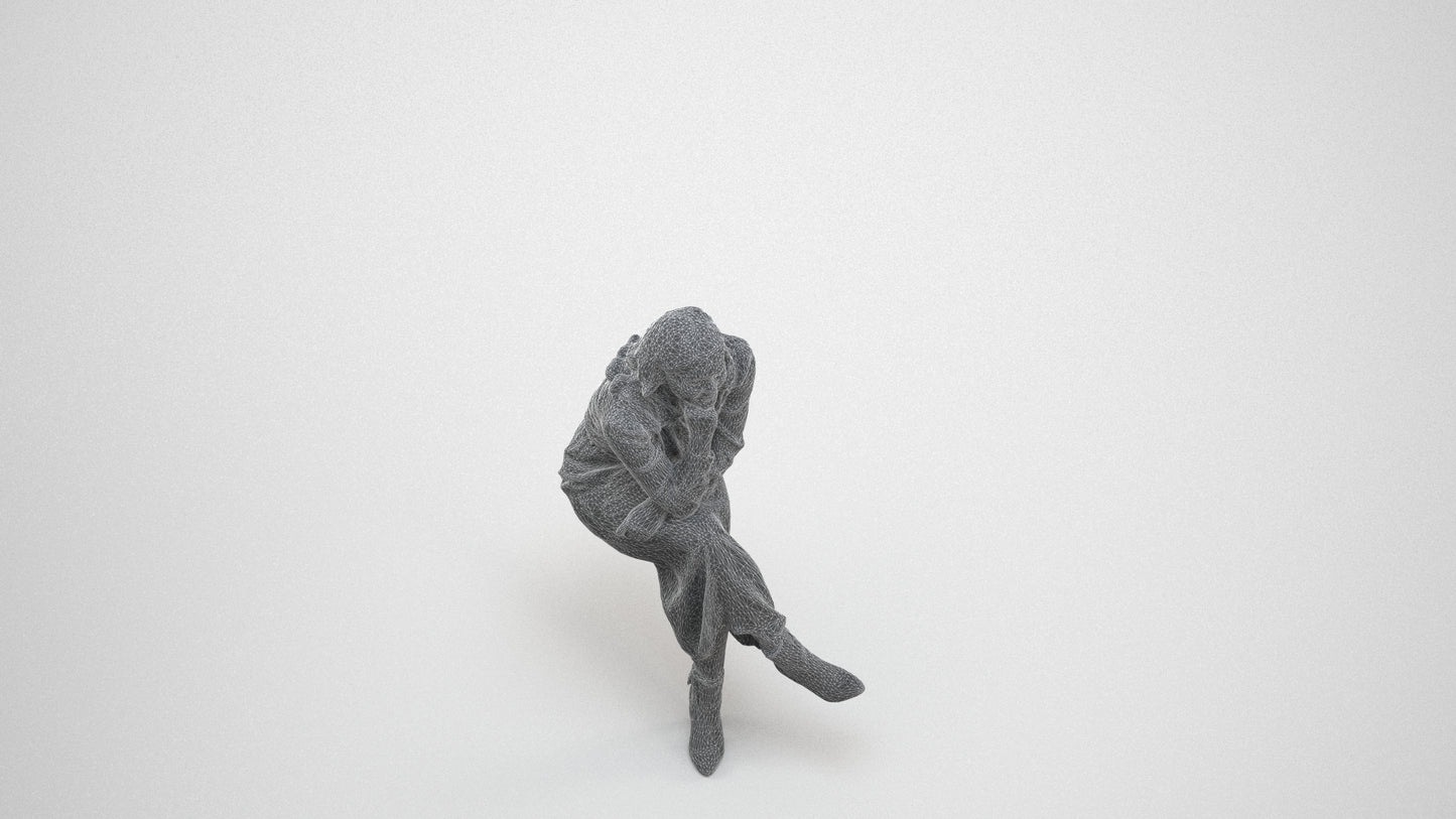 3D scanned woman sitting casual, photorealistic archviz people for Enscape and SketchUp, wireframe three-quarter view