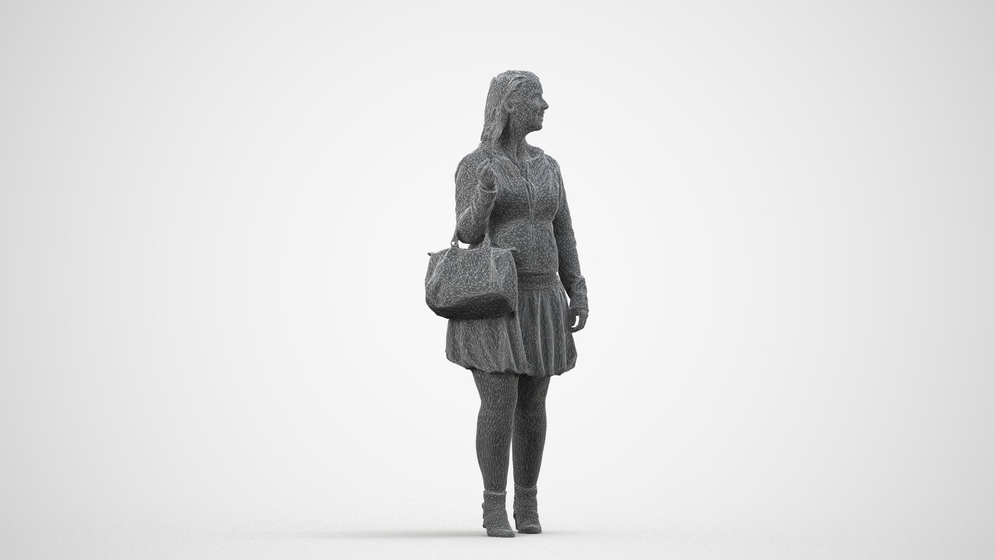 3D human model woman business standing, photogrammetry scanned person for archviz, wireframe side view