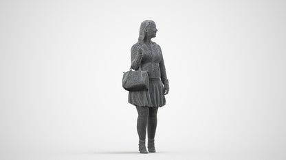 3D human model woman business standing, photogrammetry scanned person for archviz, wireframe side view