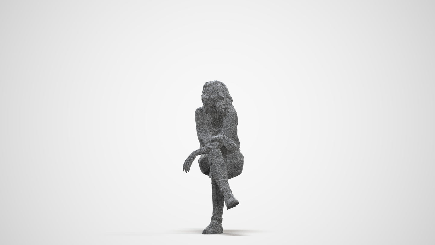 photogrammetry 3D woman casual sitting, realistic human model archviz FBX, three-quarter front view render