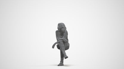 photogrammetry 3D woman casual sitting, realistic human model archviz FBX, three-quarter front view render