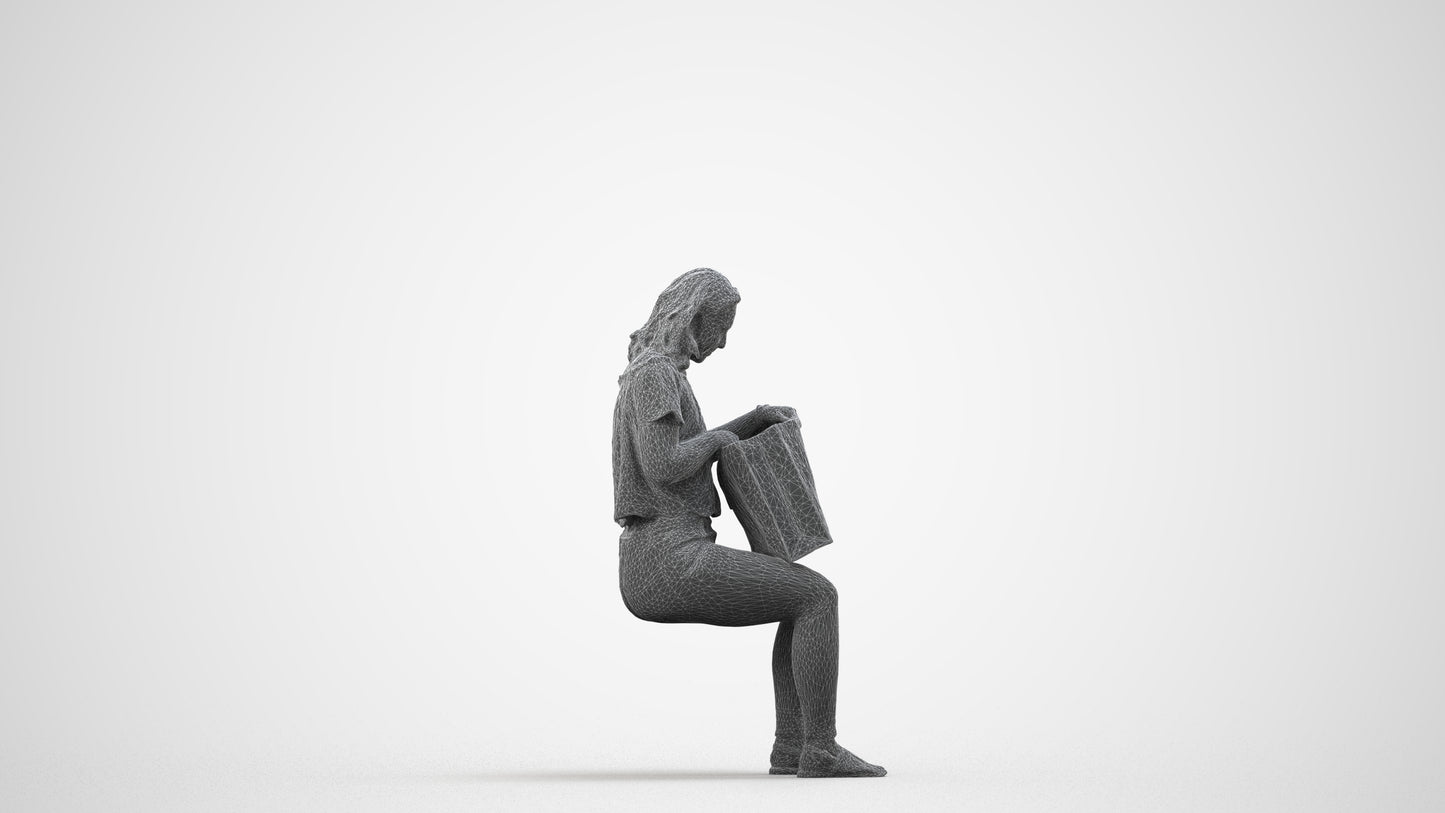 3D human model woman casual sitting, photogrammetry scanned person for archviz, wireframe side view