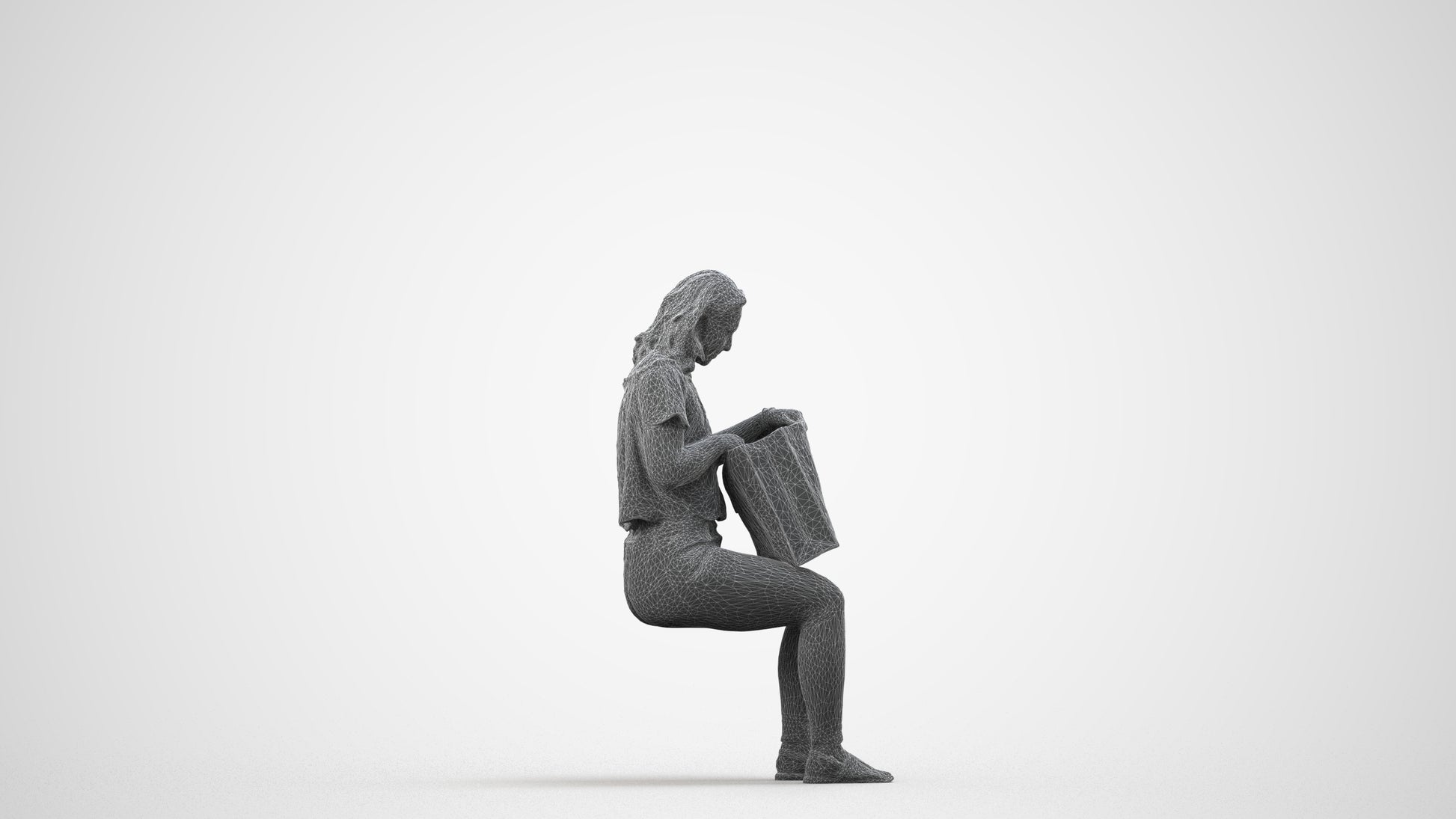 3D human model woman casual sitting, photogrammetry scanned person for archviz, wireframe side view