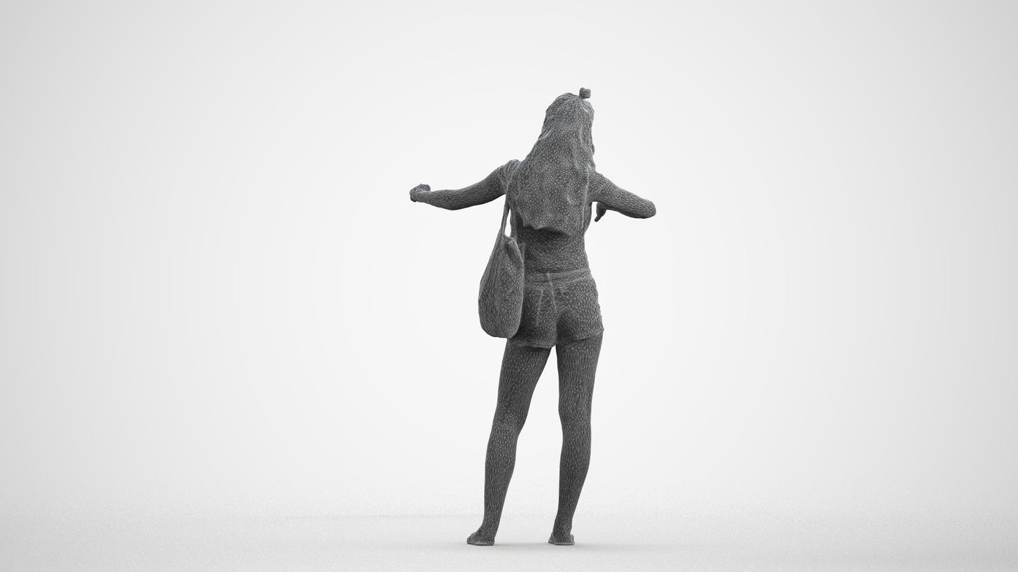 3D people model girl casual shopping, scanned human for 3ds Max rendering, wireframe front view