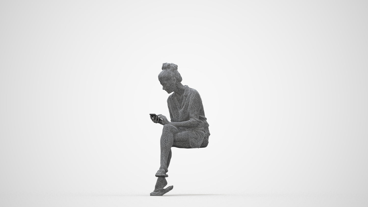 scanned 3D woman casual sitting, photogrammetry people for Enscape and V-Ray, wireframe back view