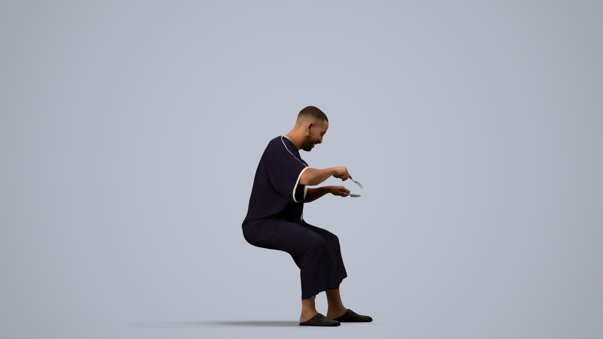 realistic 3D man sitting, scanned archviz people for Blender and 3ds Max, side view render