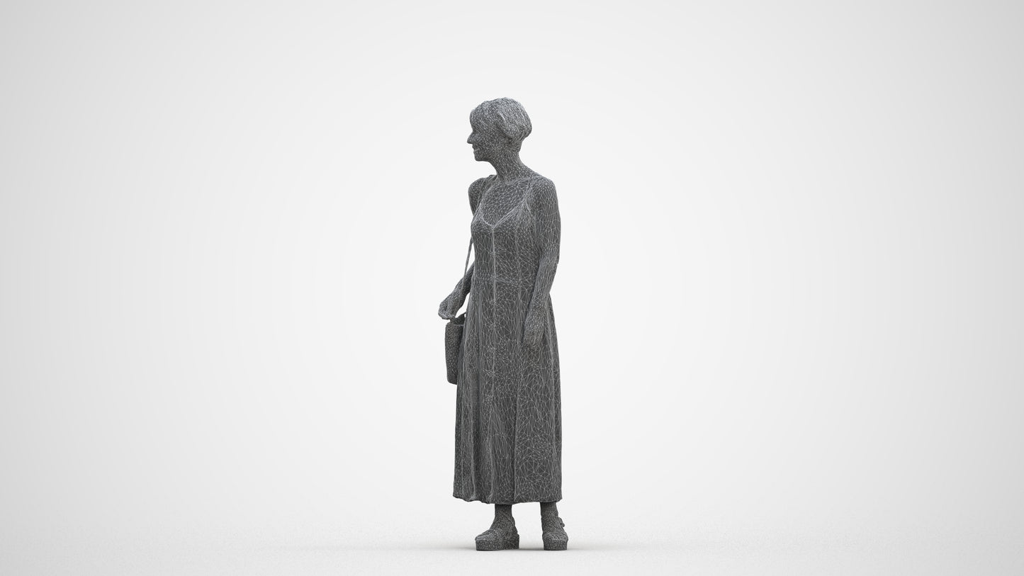 3D human model senior woman standing, photogrammetry scanned person for archviz, three-quarter front view render