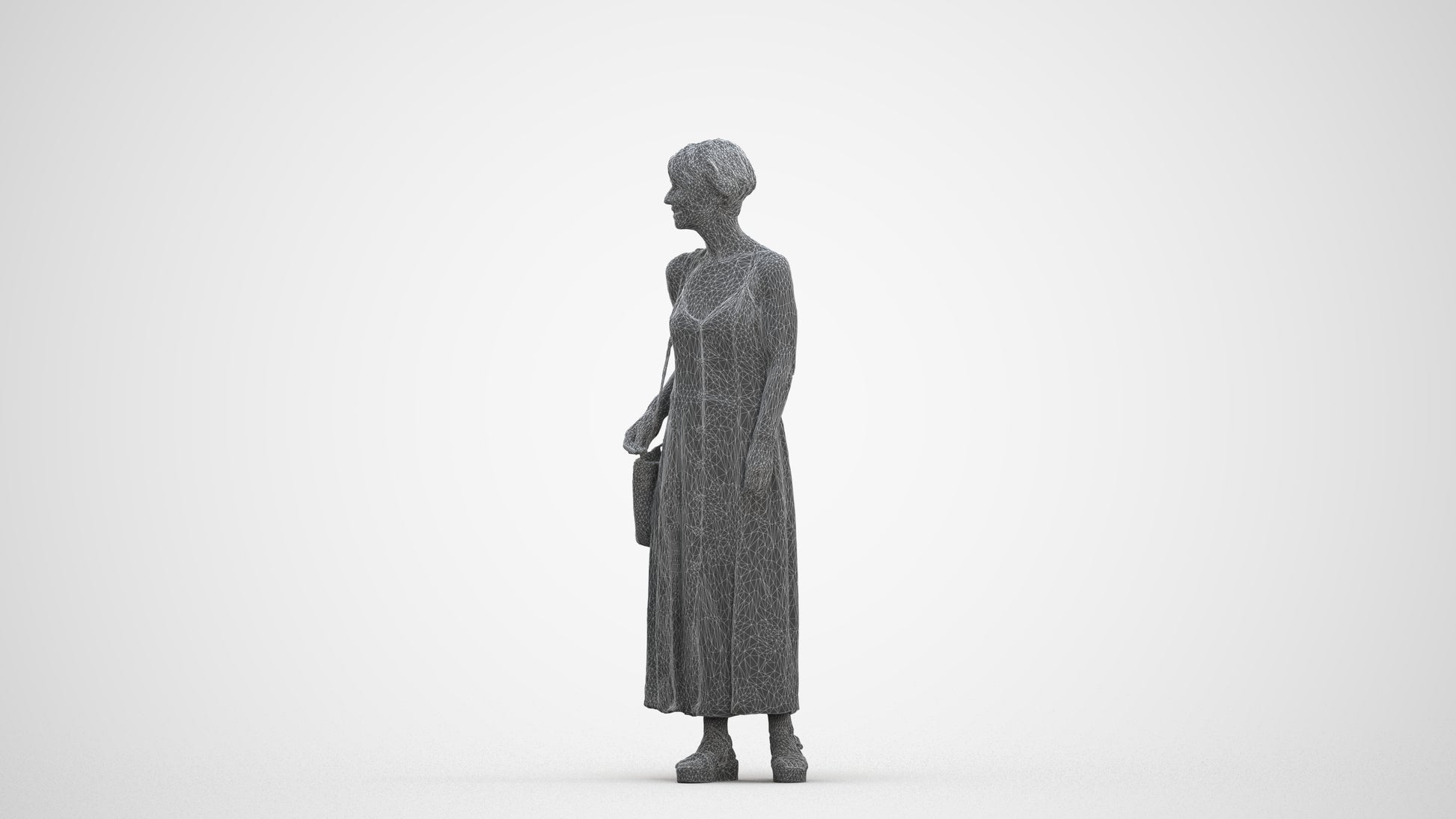 3D human model senior woman standing, photogrammetry scanned person for archviz, three-quarter front view render