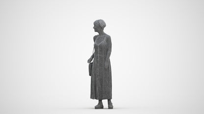 3D human model senior woman standing, photogrammetry scanned person for archviz, three-quarter front view render