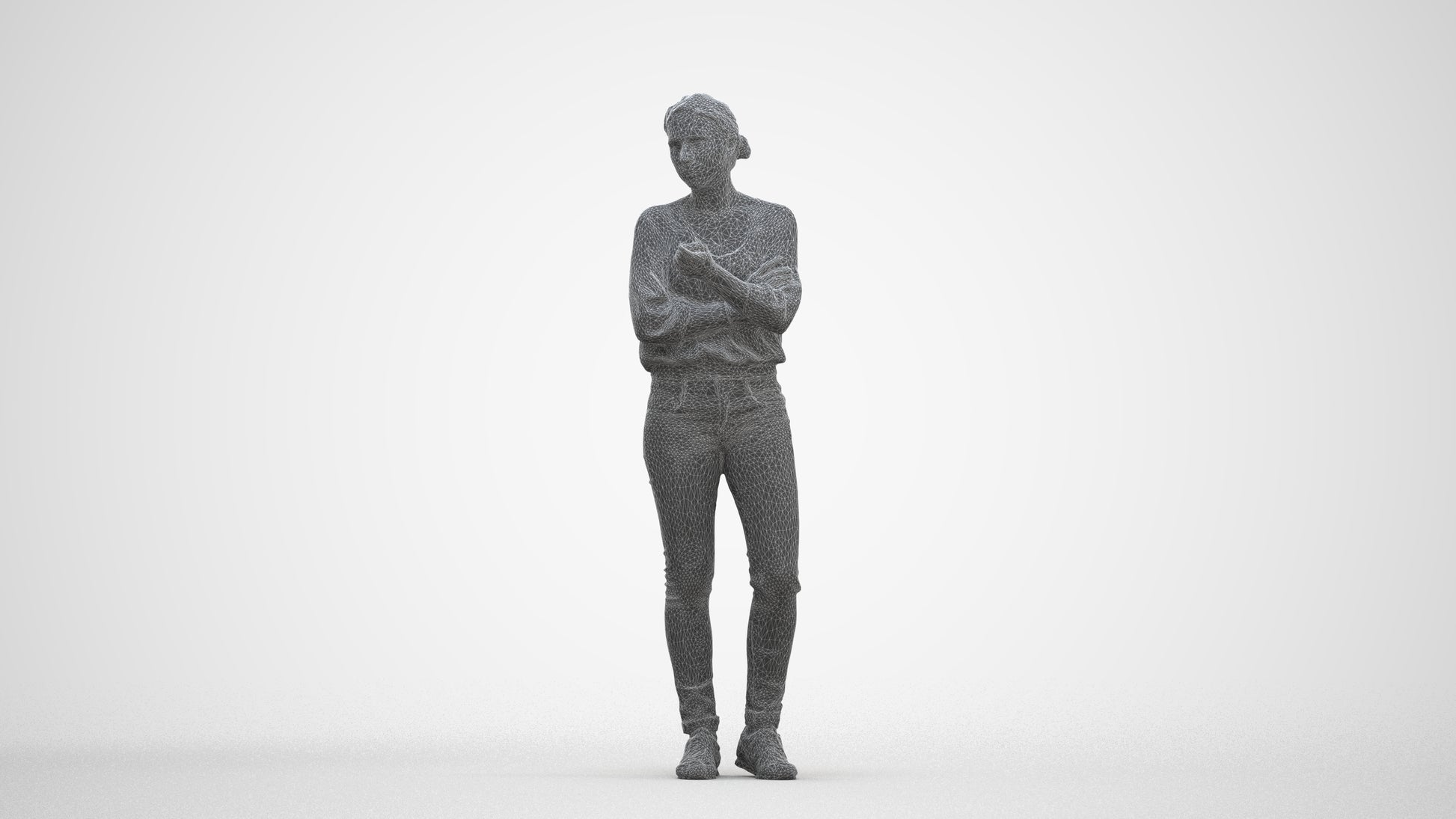 3D human model woman casual standing, photogrammetry scanned person for archviz, three-quarter front view render