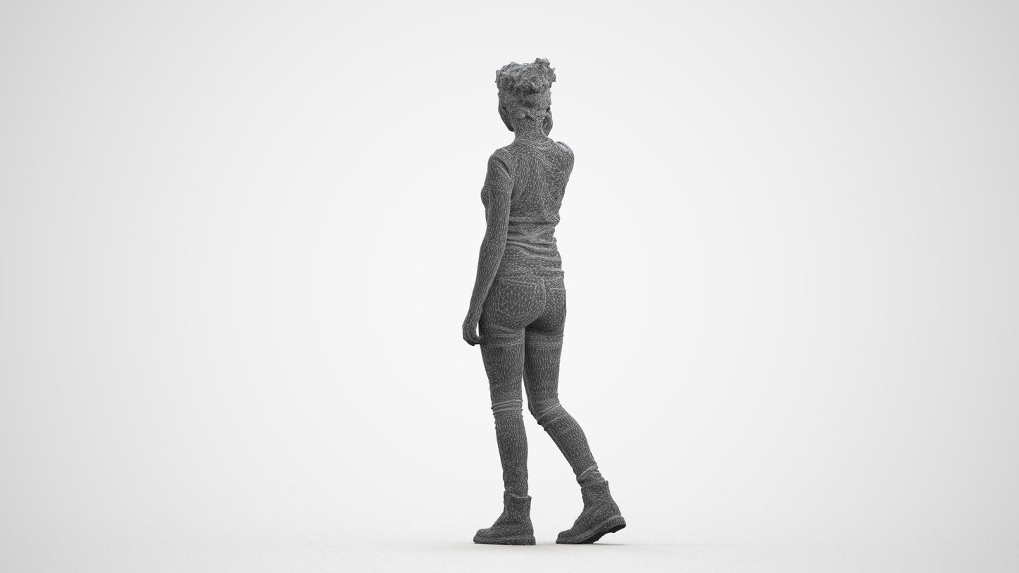 3D human model woman casual walking, photogrammetry scanned person for archviz, wireframe front view