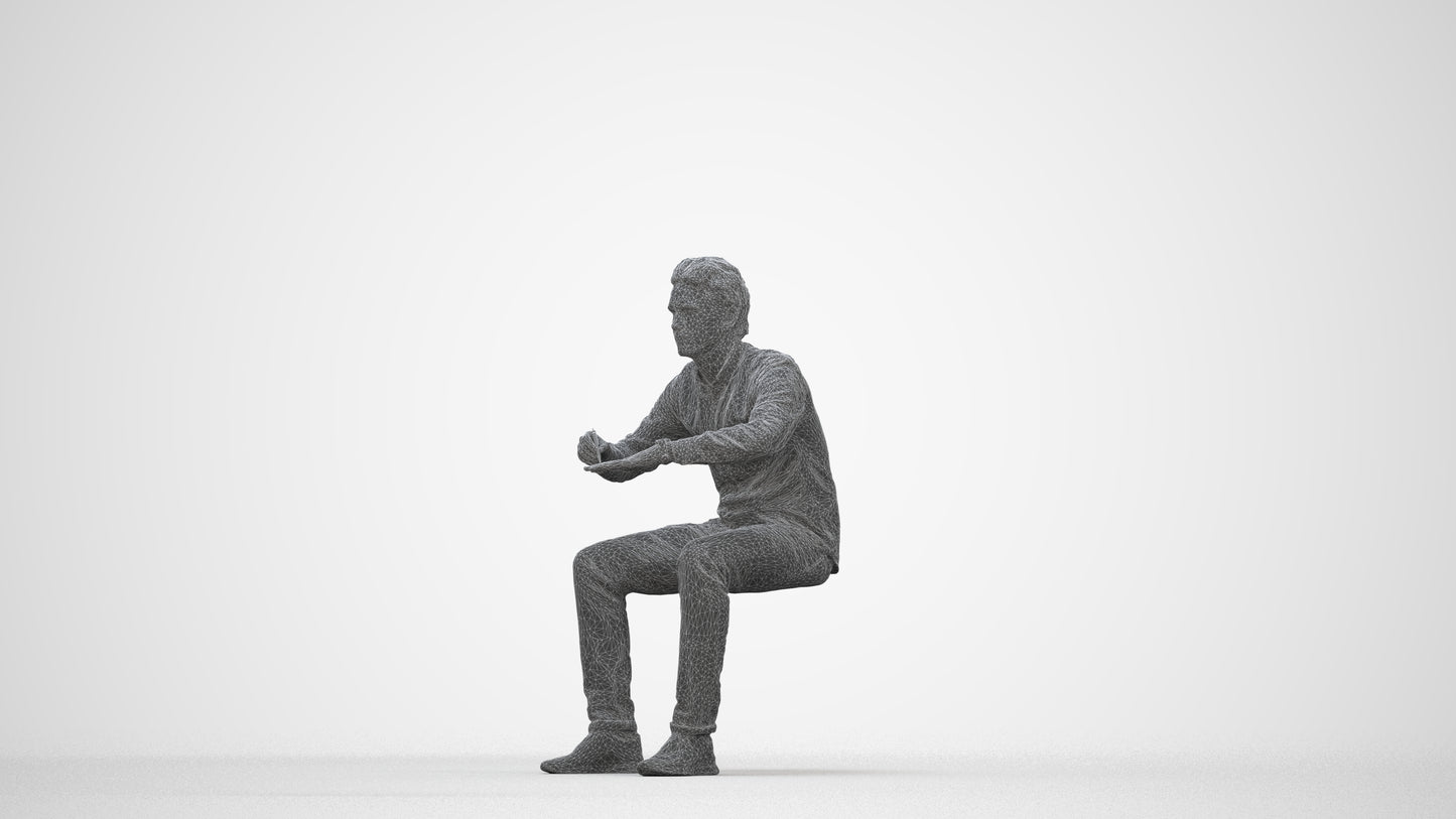 3D people model man casual sitting, scanned human for 3ds Max rendering, wireframe back view