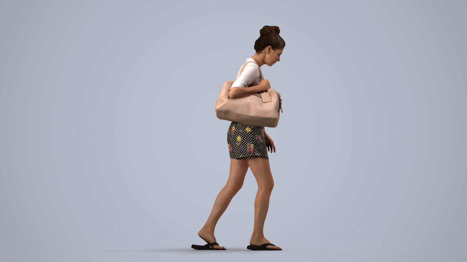 3D human model woman casual walking, photogrammetry scanned person for archviz, side view render