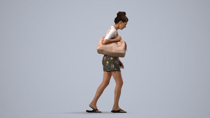 3D human model woman casual walking, photogrammetry scanned person for archviz, side view render