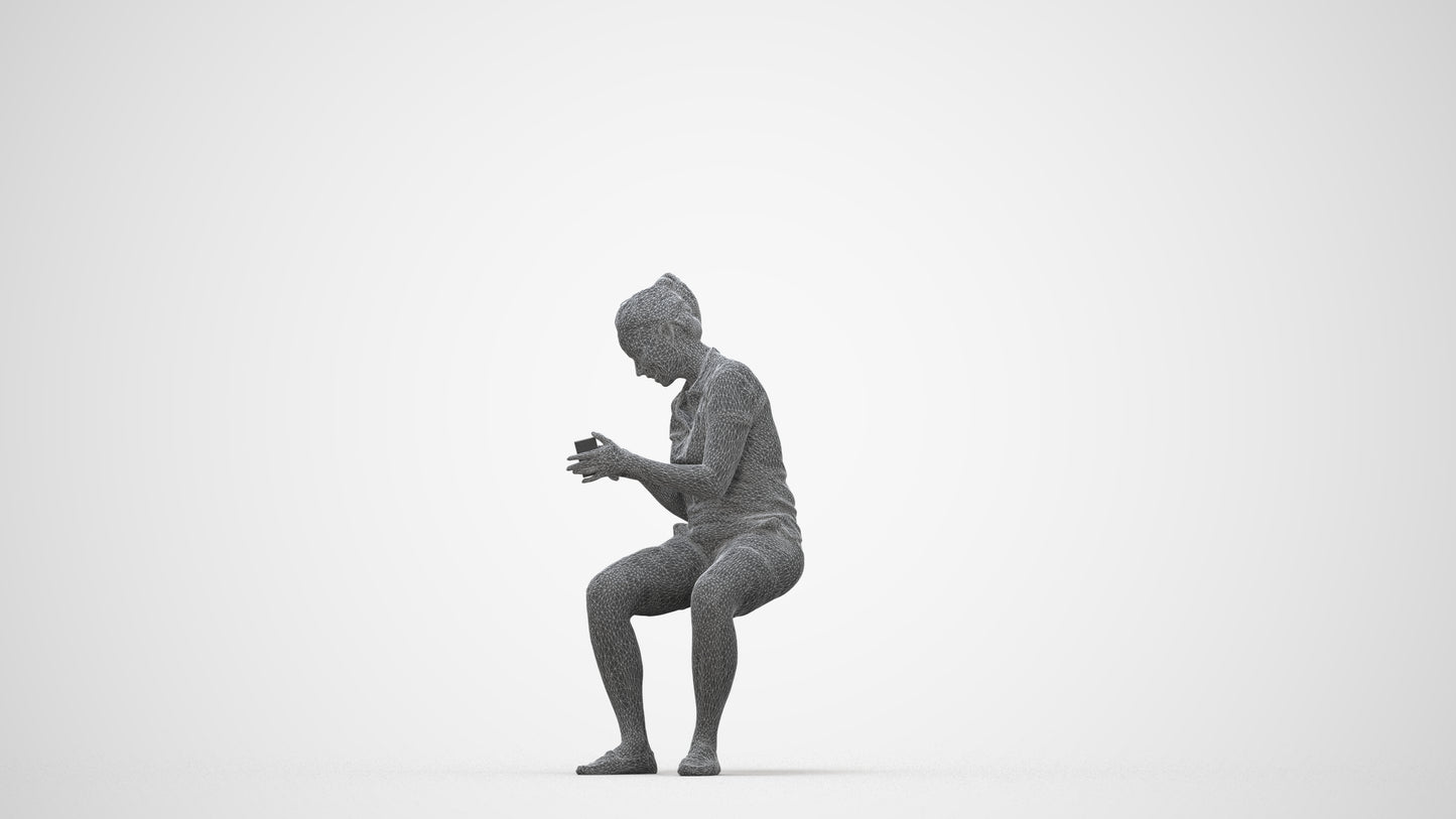 realistic 3D woman casual sitting, scanned archviz people for Blender and 3ds Max, wireframe back view