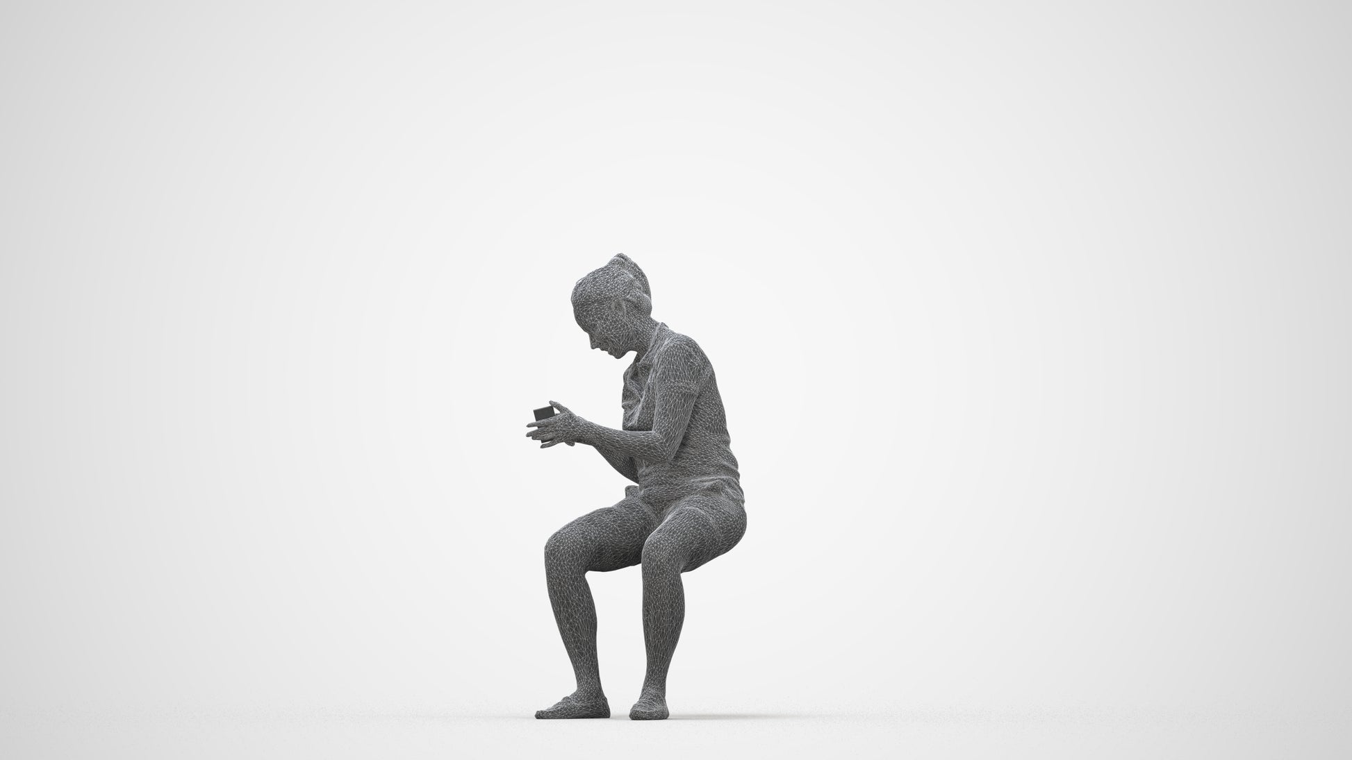 realistic 3D woman casual sitting, scanned archviz people for Blender and 3ds Max, wireframe back view