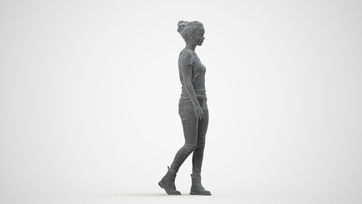 realistic 3D people woman casual walking, render-ready for V-Ray and Corona, FBX OBJ, wireframe side view