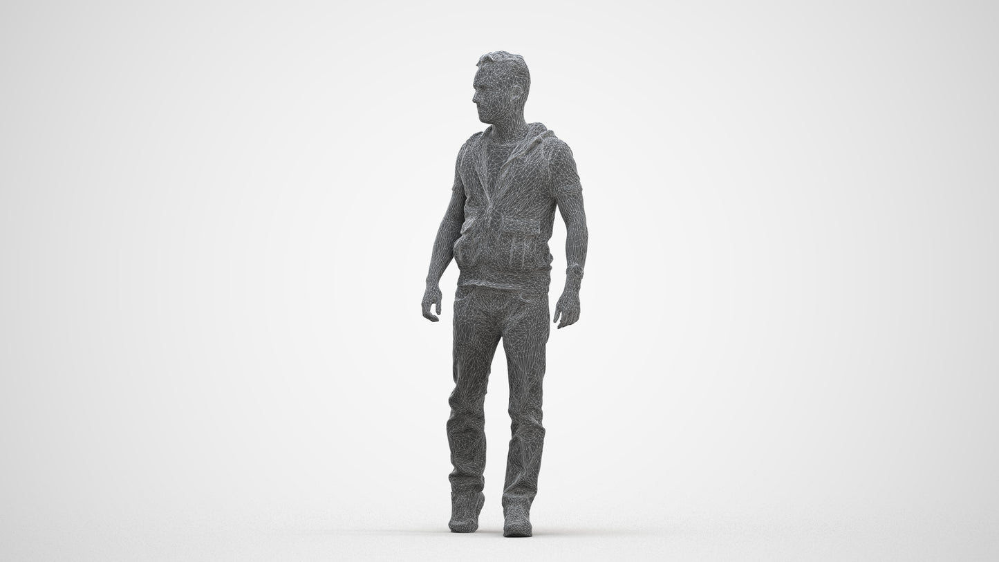 3D human model man casual walking, photogrammetry scanned person for archviz, three-quarter front view render